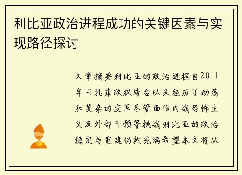 利比亚政治进程成功的关键因素与实现路径探讨